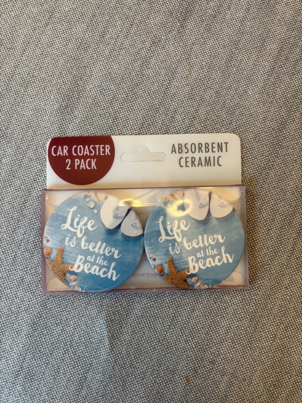 Ceramic Car Coaster 2-Pack in Blue – 'Life is Better at the Beach'